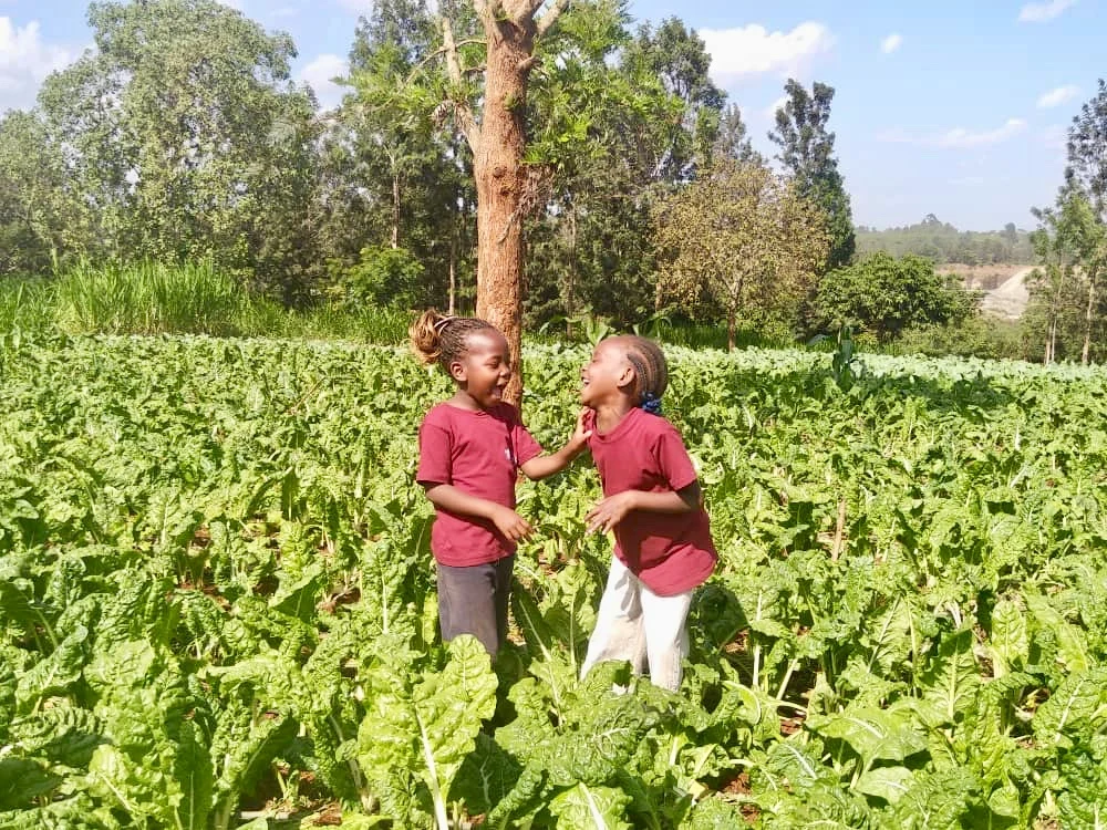 Two children sharing a moment in the vegetable garden.